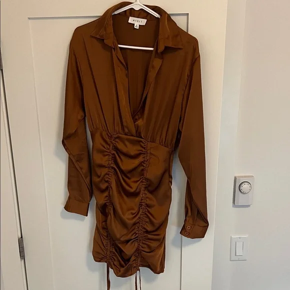Mable Brown Satin Rouched Mini Dress Size Small - Picture 7 of 7